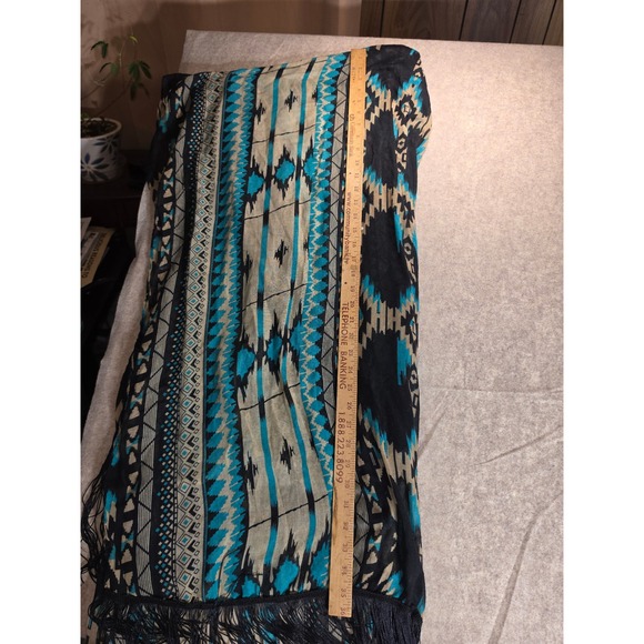 Southwestern Geometric Fringe Kimono Cardigan Turquoise Black One Size - Picture 3 of 9